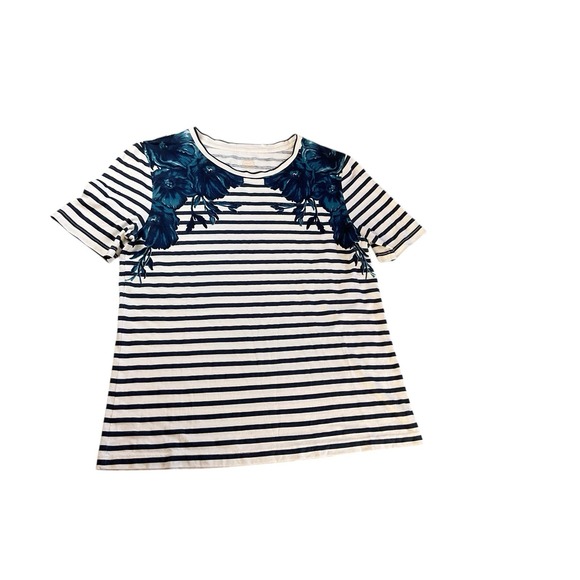 Tory Burch Tee Shirt Womens Small Striped Floral Cotton‎ Preppy Casual Top Logo - Picture 1 of 6